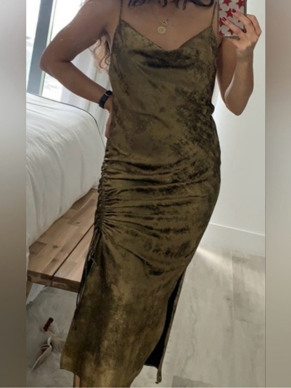 ZARA Metallic Gold Velvet Ruched Slip Midi Dress⁠